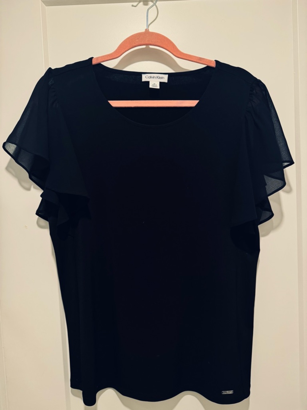 Calvin Klein Ladies Navy Top with Sheer Flowy Short Sleeves